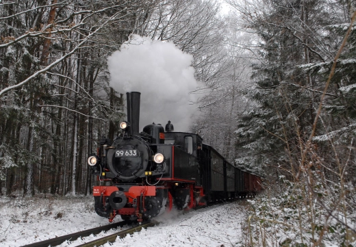 Öchsle-Dampfzug mit weißer Dampfwolke fährt durch einen verschneiten Winterwald