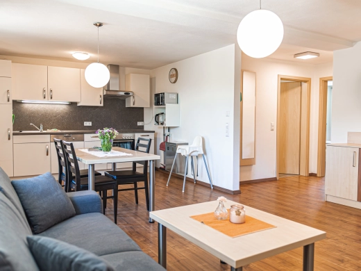 Ferienwohnung 1: Wohnküche mit Sofa, Esstisch, Küchenzeile und Hochstuhl im Hintergrund