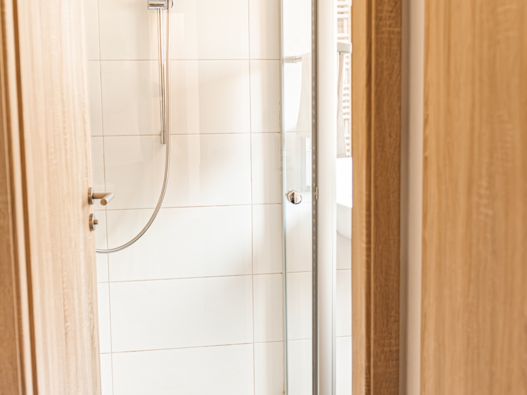 Ferienwohnung 10: Geflieste Dusche mit Glastür und Handbrause, Blick durch die offene Badezimmertür
