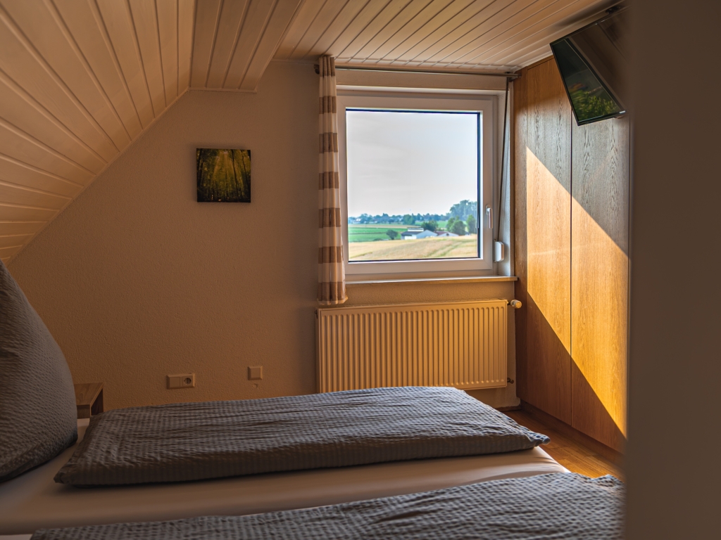 Ferienwohnung 11: Dachzimmer mit Bett, Fenster mit Blick auf Felder, Heizkörper und Bild an der Wand