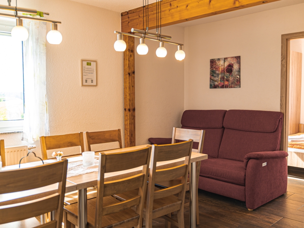 Ferienwohnung 11: Wohn- und Essbereich mit Esstisch, Stühlen, Hängelampen und rotbraunem Sofa