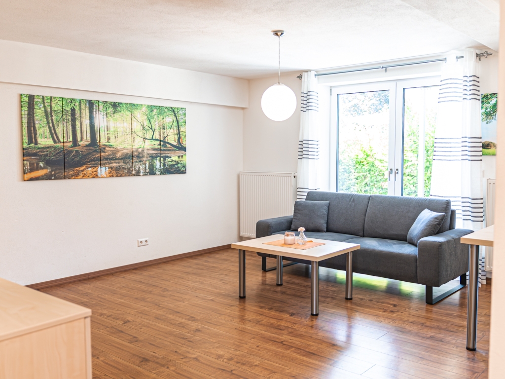 Ferienwohnung 1: Gemütlicher Wohnbereich mit grauem Sofa, Couchtisch und Waldbild an der Wand
