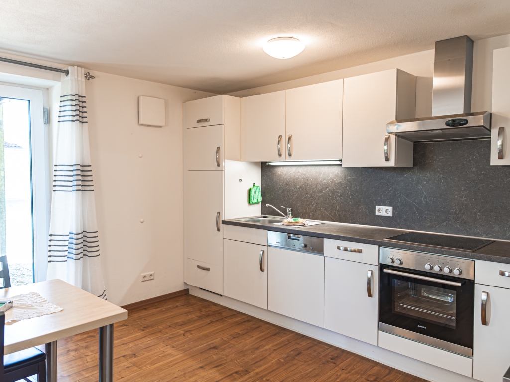 Ferienwohnung 1: Küchenzeile mit Backofen, Kochfeld, Geschirrspüler und Dunstabzugshaube