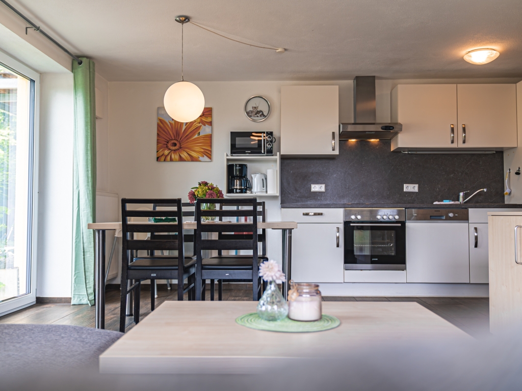 Ferienwohnung 2: Wohnküche mit Esstisch, Küchenzeile mit Backofen und Dunstabzugshaube