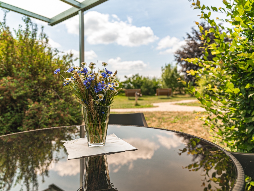 Ferienwohnung 2: Glasvase mit blauen Blumen auf dem Terrassentisch, dahinter der Garten
