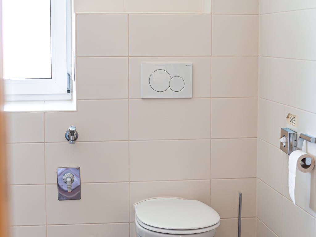Ferienwohnung 3: WC mit Wand-WC, Toilettenbürste, Mülleimer und Fenster
