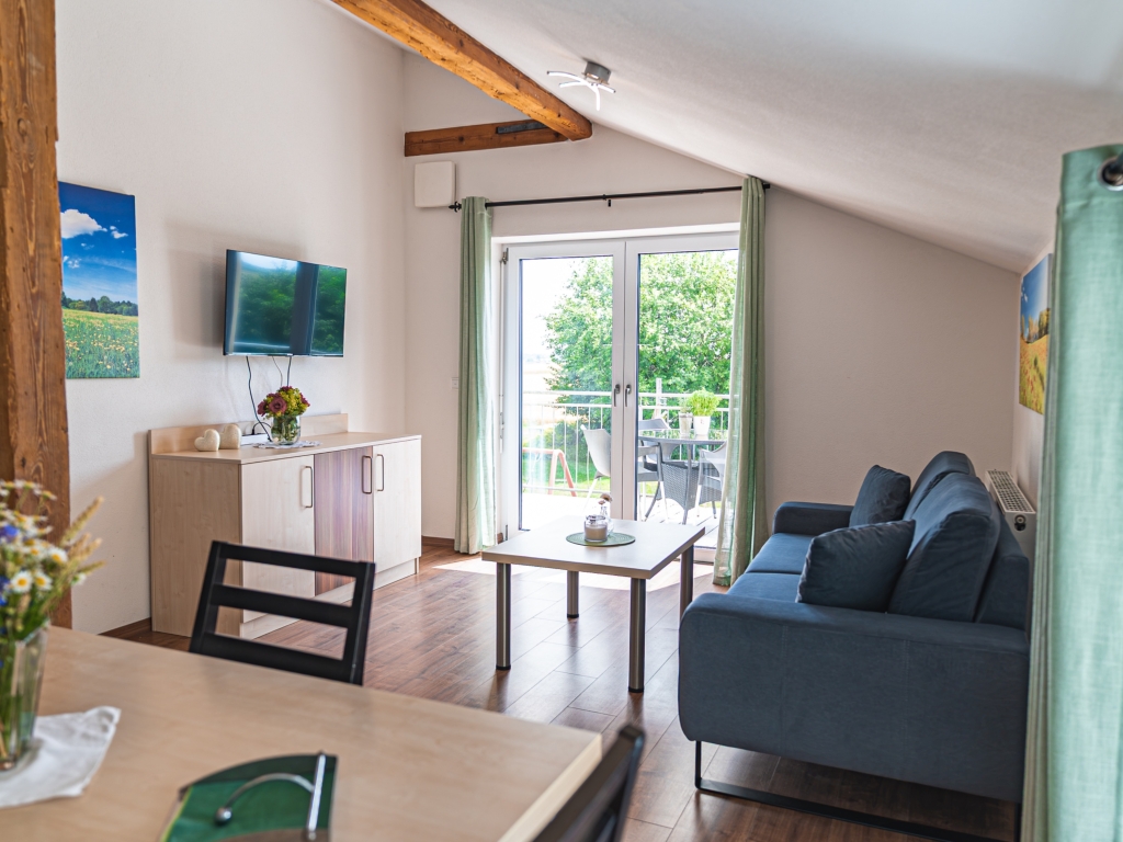 Ferienwohnung 4: Wohn-Essbereich mit blauem Sofa, Couchtisch, Fernseher und Balkontür