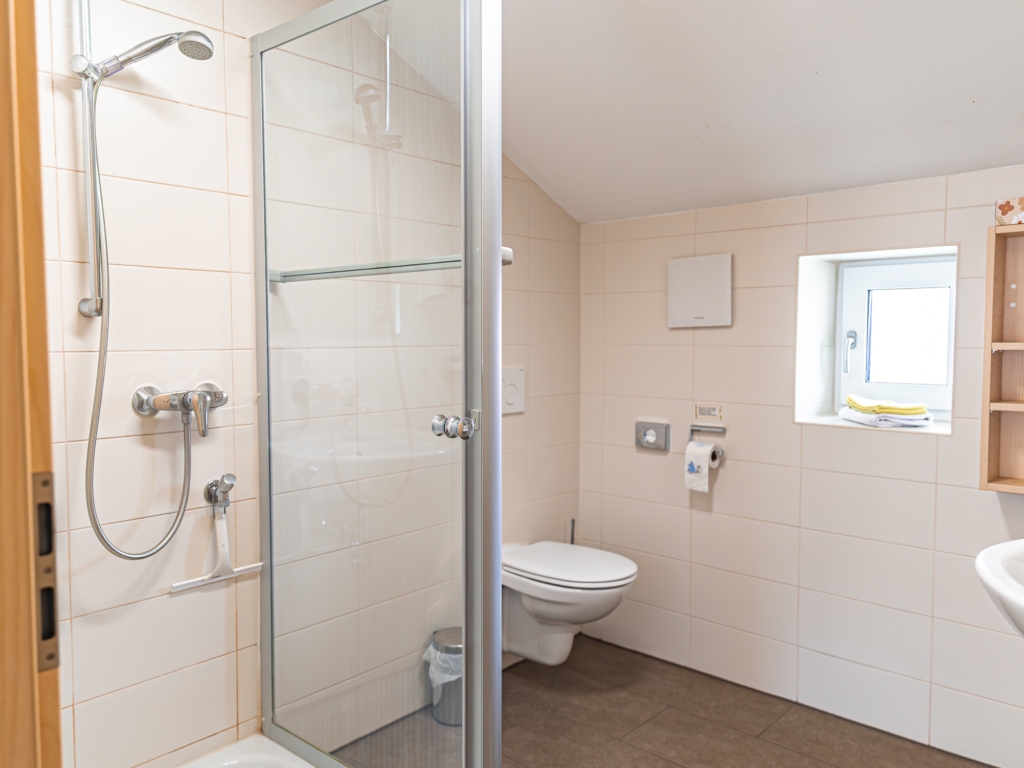 Ferienwohnung 4: Badezimmer mit Glasdusche, WC, Wandregal und Fenster