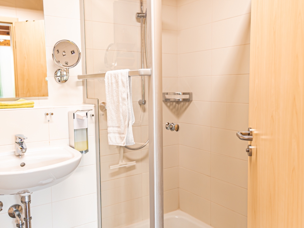Ferienwohnung 5: Badezimmer mit Duschkabine, Waschbecken, Spiegel und Handtuch