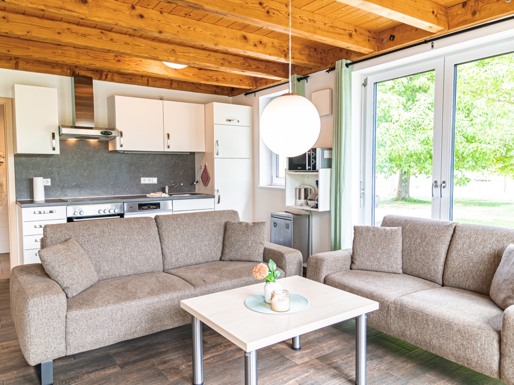 Ferienwohnung 7: Wohnbereich mit zwei Sofas, Couchtisch und Küchenzeile unter der Holzdecke
