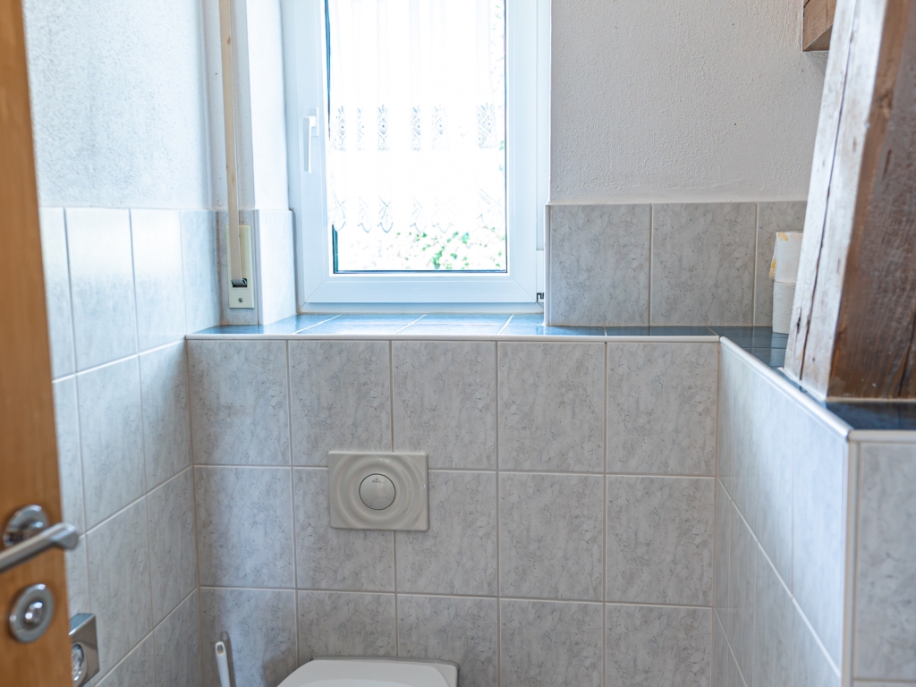 Ferienwohnung 9: WC-Raum mit Wand-WC, Fenster, gefliesten Wänden und dunklem Fliesenboden