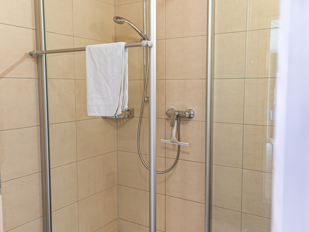 Ferienwohnung 9: Geflieste Dusche mit Glaswänden, Brausestange und weißem Handtuch im Badezimmer