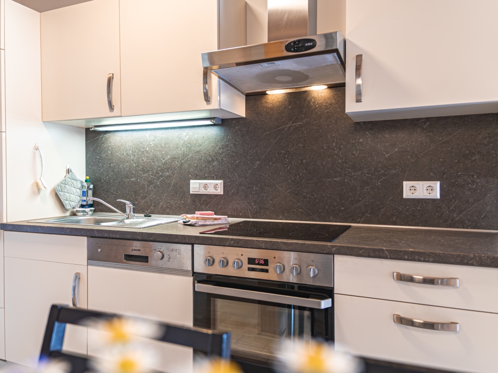 Ferienwohnung 9: Küchenzeile mit Herd, Backofen, Dunstabzug und dunklem Spritzschutz
