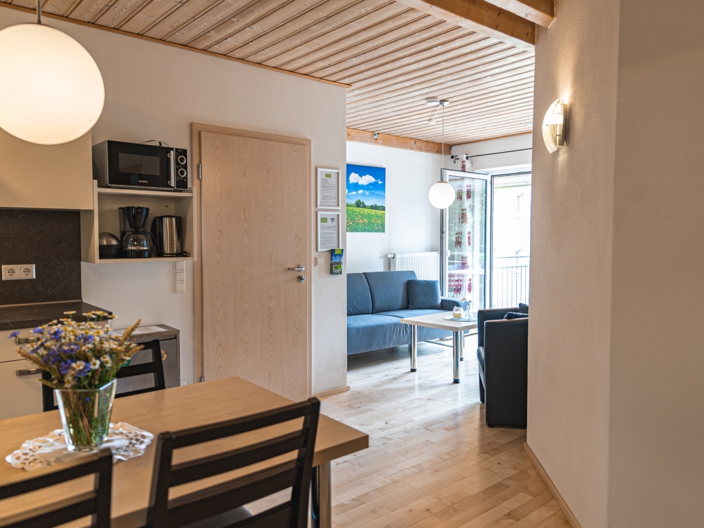 Ferienwohnung 9: Wohnbereich mit Sofa und Couchtisch, vorne der Esstisch, links die Küchenzeile